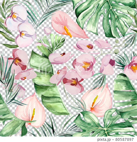 Watercolor tropical flowers and leaves bouquet seamless pattern illustration Watercolor tropical flowers and leaves bouquet seamless pattern illustration 80587897