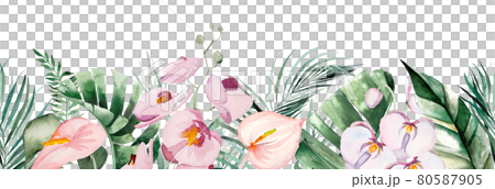 Watercolor tropical flowers and leaves bouquet illustration Watercolor tropical flowers and leaves bouquet illustration 80587905