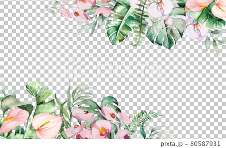 Watercolor tropical flowers and leaves border illustration Watercolor tropical flowers and leaves border illustration 80587931