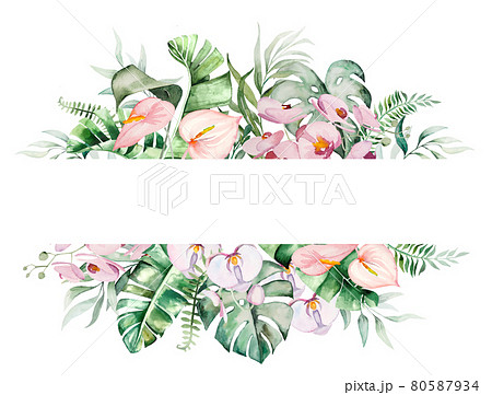 Watercolor tropical flowers and leaves frame illustration Watercolor tropical flowers and leaves frame illustration 80587934