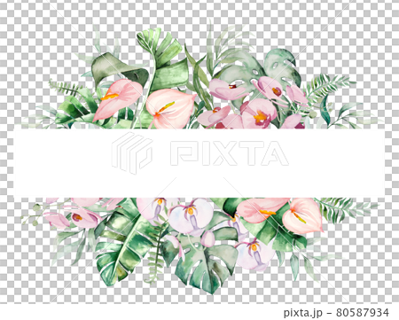 Watercolor tropical flowers and leaves frame illustration Watercolor tropical flowers and leaves frame illustration 80587934