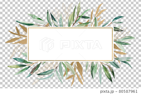 Watercolor Olive branch gold frame illustration 80587961