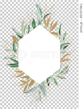 Watercolor Olive branch gold frame illustration 80587962