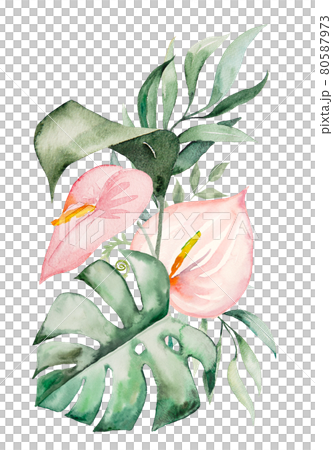 Watercolor tropical flowers and leaves bouquet illustration Watercolor tropical flowers and leaves bouquet illustration 80587973