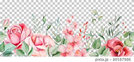 Watercolor pink flowers and leaves seamless border illustration Watercolor pink flowers and leaves seamless border illustration 80587986