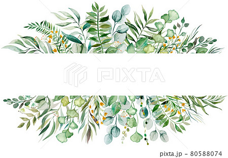 Watercolor botanical green leaves frame illustration 80588074