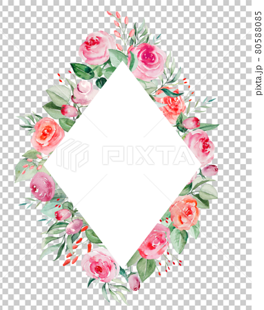 Watercolor pink and red roses flowers and leaves frame illustration 80588085