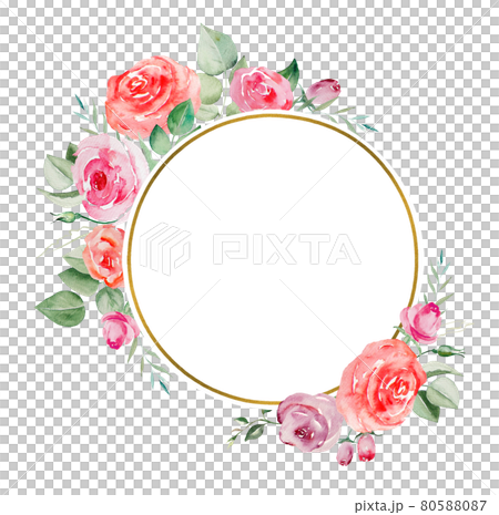 Watercolor pink and red roses flowers and leaves frame illustration 80588087