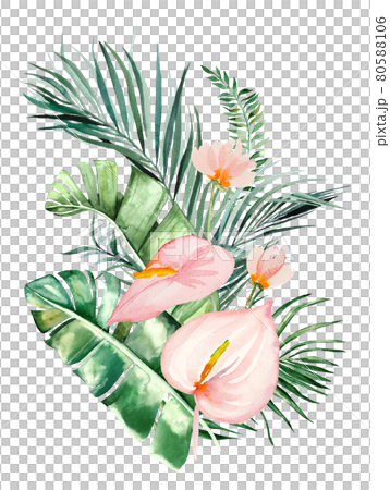 Watercolor tropical flowers and leaves bouquet... - Stock Illustration ...