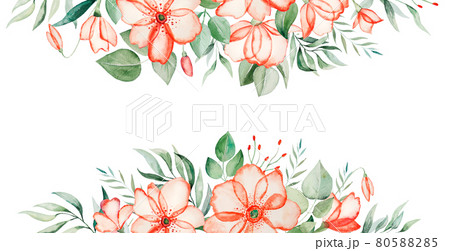 Watercolor pink flowers and green leaves border illustration 80588285