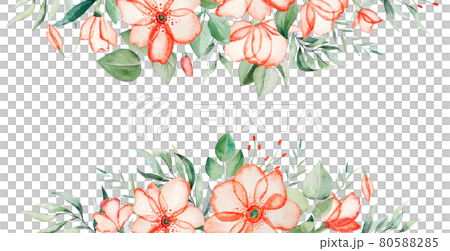 Watercolor pink flowers and green leaves border illustration 80588285