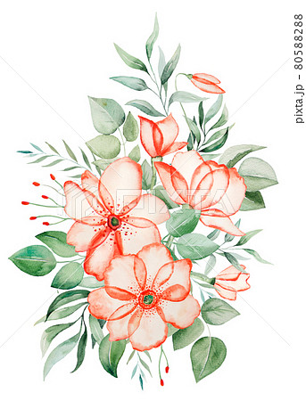 Watercolor pink flowers and green leaves bouquet illustration 80588288