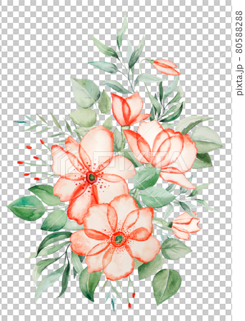Watercolor pink flowers and green leaves bouquet illustration 80588288