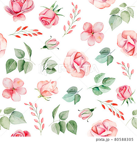 Seamless pattern of watercolor pink roses. Illustration of flowers