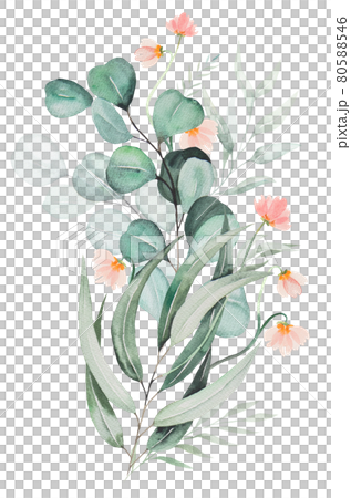 Watercolor pink flowers and green leaves... - Stock Illustration ...