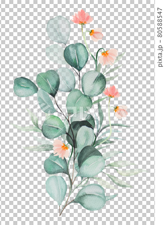 Watercolor pink flowers and green leaves... - Stock Illustration ...