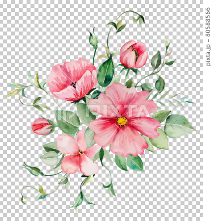 Watercolor pink flowers and green leaves... - Stock Illustration ...