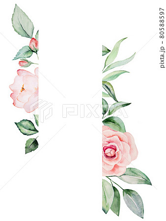 Watercolor pink flowers and green leaves card illustration 80588597