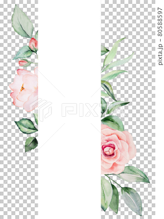 Watercolor pink flowers and green leaves card illustration 80588597