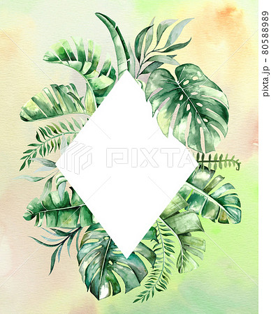 Watercolor tropical leaves frame illustration with watercolor background 80588989
