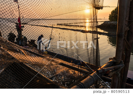 fisherman with fish on boat at dock during sunset fisherman with fish on boat at dock during sunset 80590513