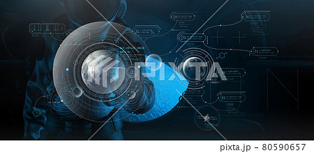 An astronaut in a spacesuit works on a virtual moon. 3D render An astronaut in a spacesuit works on a virtual moon. 3D render 80590657