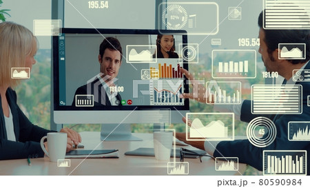 Creative visual of business people in a corporate staff meeting on video call Creative visual of business people in a corporate staff meeting on video call 80590984