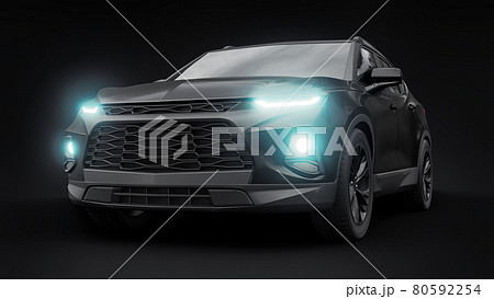 A black ultra-modern SUV with a catchy expressive design for young people and families on a black isolated background. Bright glowing headlights. 3d illustration. A black ultra-modern SUV with a catchy expressive design for young people and families on a black isolated background. Bright glowing headlights. 3d illustration. 80592254