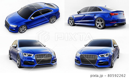 Set of Super fast sports car color blue metallic on a white background. Body shape sedan. Tuning is a version of an ordinary family car. 3d rendering. Set of Super fast sports car color blue metallic on a white background. Body shape sedan. Tuning is a version of an ordinary family car. 3d rendering. 80592262
