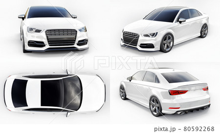 Super fast sports car white color on a white background. Body shape sedan. Tuning is a version of an ordinary family car. 3d rendering. 80592268