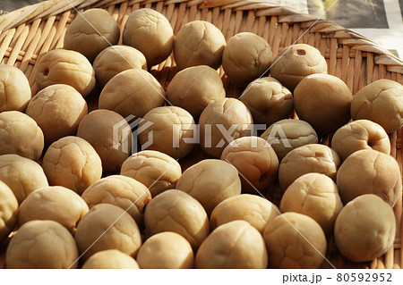 天日干ししている青梅【梅干しづくり】 80592952