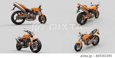 3d illustration. Orange urban sport two-seater motorcycle on a gray background. 3d rendering. 3d illustration. Orange urban sport two-seater motorcycle on a gray background. 3d rendering. 80593395