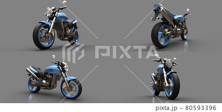 3d illustration. Blue urban sport two-seater motorcycle on a gray background. 3d rendering. 3d illustration. Blue urban sport two-seater motorcycle on a gray background. 3d rendering. 80593396