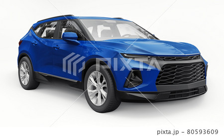 Blue ultra-modern SUV with a catchy expressive design for young people and families on a white isolated background. 3d illustration. Blue ultra-modern SUV with a catchy expressive design for young people and families on a white isolated background. 3d illustration. 80593609