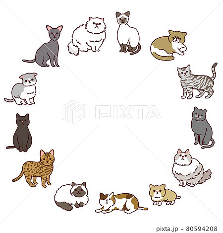 いろいろな種類のかわいい猫たちの円形イラストフレームのイラスト素材