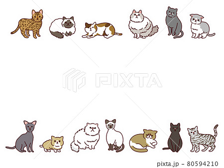 いろいろな種類のかわいい猫たちの横長イラストフレームのイラスト素材