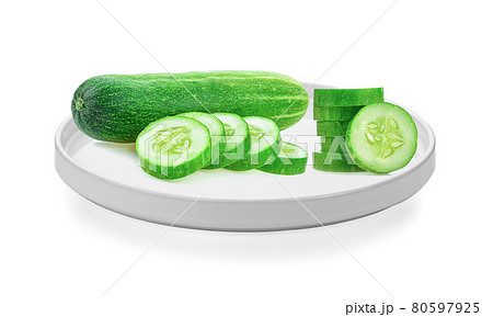 cucumber piece in white plate on white background cucumber piece in white plate on white background 80597925