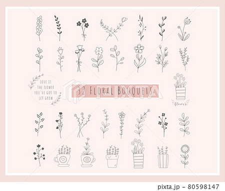 32 Floral Bouquets Bundle. flowers hand drawn, minimalist, wildflowers Wreath, field plants, Flower pot for logo, printing, cricut, wedding card. Vector illustration 80598147