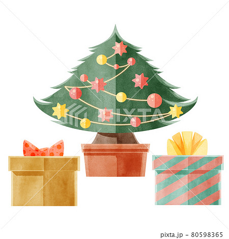 クリスマスツリーとプレゼントの手書き水彩風イラストのイラスト素材
