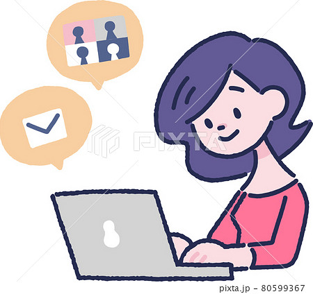 ノートパソコンでメールやweb会議する女性のイラストのイラスト素材