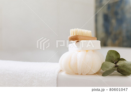Washbasin in bathroom, bath accessories. Household, hotel cleaning concept Washbasin in bathroom, bath accessories. Household, hotel cleaning concept 80601047