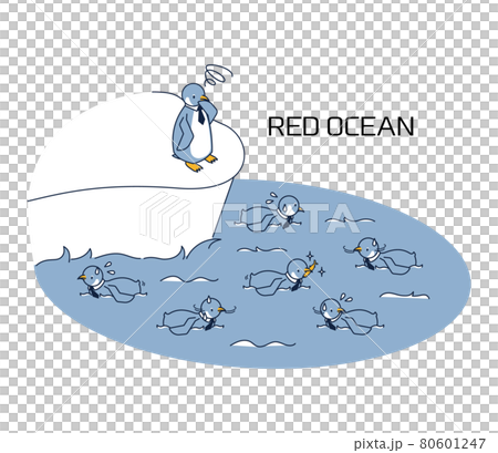 レッドオーシャンに飛び込むか迷っているペンギンのアイソメイラスト レッドオーシャンに飛び込むか迷っているペンギンのアイソメイラスト 80601247