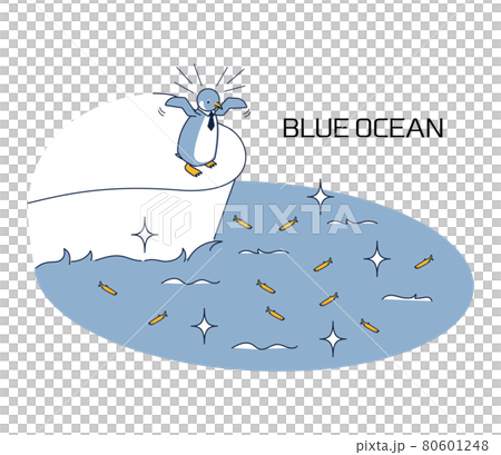 Isometric illustration of a penguin jumping into the blue ocean and trying to catch food 80601248