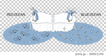 企鵝想知道是跳進紅海還是藍海並捕捉食物的等距圖 企鵝想知道是跳進紅海還是藍海並捕捉食物的等距圖 80601249