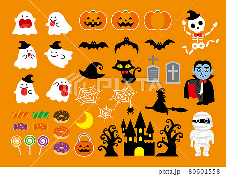 可愛いハロウィンのイラスト素材セット(背景オレンジ 80601558