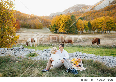 Couple is sitting and embracing on a blanket against the background of horses grazing in the autumn forest. There is food and a bouquet of yellow leaves on the blanket Couple is sitting and embracing on a blanket against the background of horses grazing in the autumn forest. There is food and a bouquet of yellow leaves on the blanket 80601950