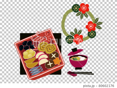 新年材料。 osechi 菜餚的插圖。過年菜。日本新年。 新年材料。 osechi 菜餚的插圖。過年菜。日本新年。 80602176