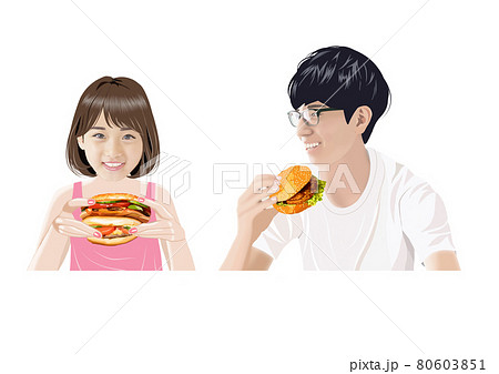 ハンバーガーを食べる男女イラストのイラスト素材