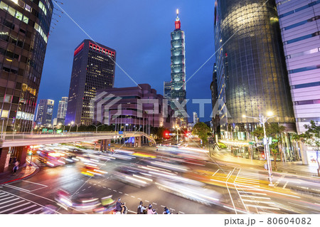 The crossroads near Taipei 101 Building and Taipei International Convention Center in Taipei, Taiwan, is in a busy rush hour of traffic. The crossroads near Taipei 101 Building and Taipei International Convention Center in Taipei, Taiwan, is in a busy rush hour of traffic. 80604082