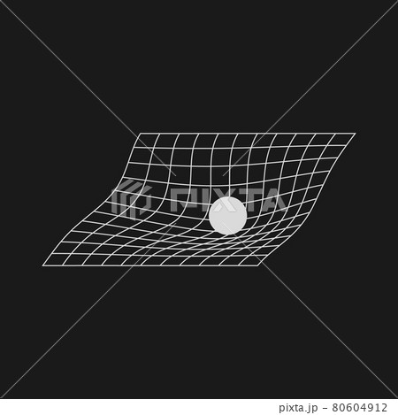 The sphere distorts space. Retrofuturistic design element. Gravity concept. Distorted grid with the sphere in cyberpunk 80s style. Retro design element for poster, cover. Vector 80604912